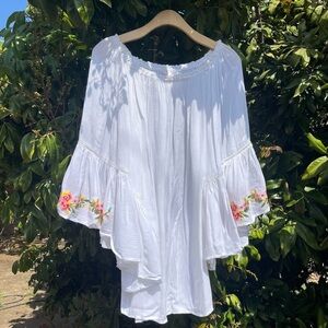 JOHNNY WAS white gauze off shoulder floral embroidery ruffle tunic blouse